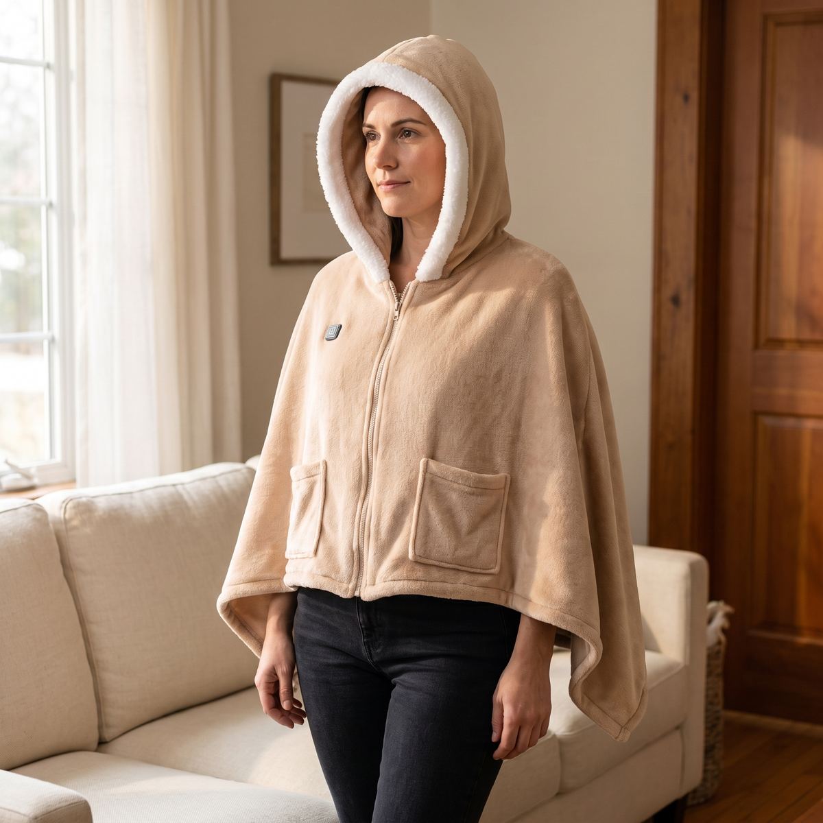 Beige hooded wearable heated poncho with sherpa-lined hood and front pockets