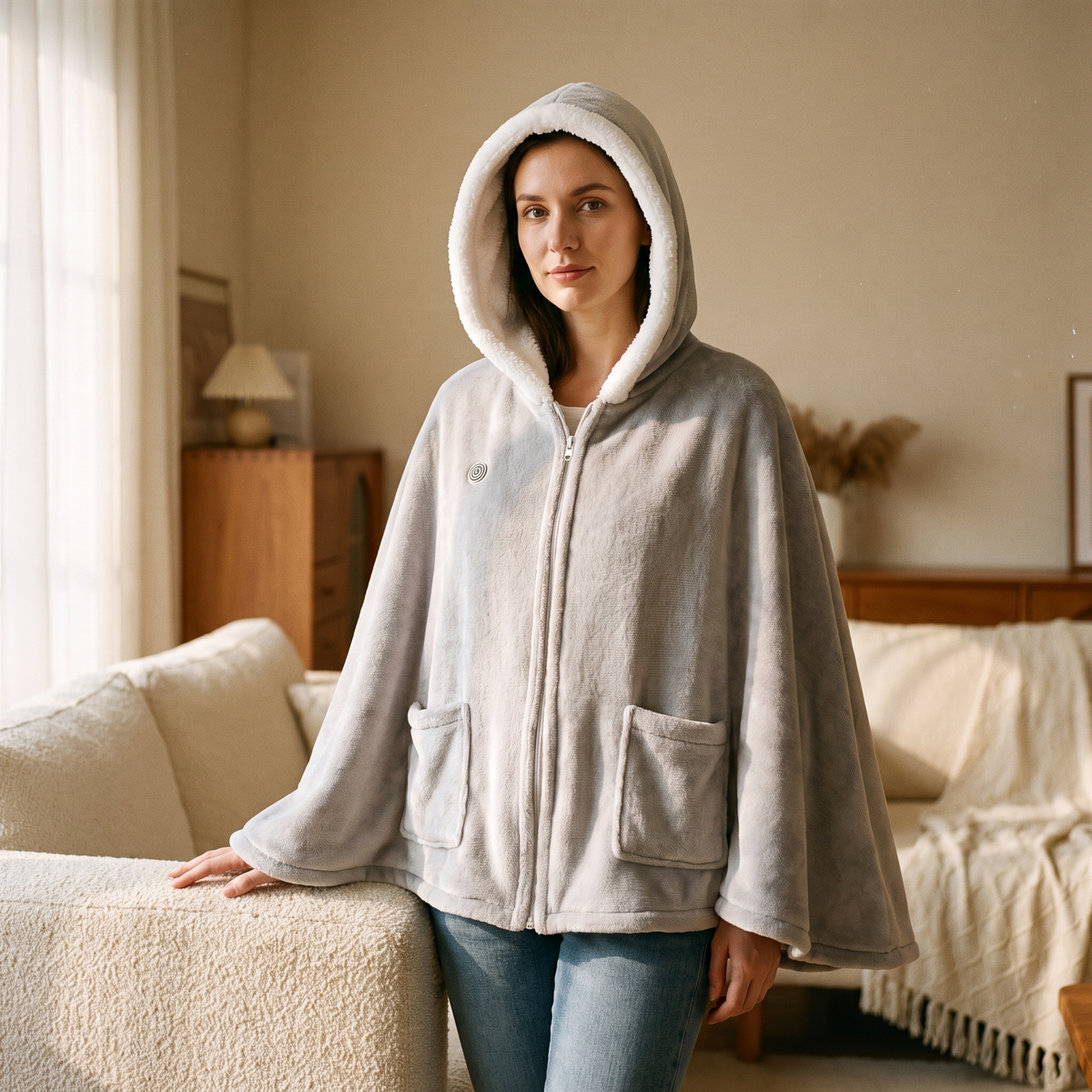 Grey hooded wearable heated poncho with sherpa-lined hood, front zip and two pockets, worn in a living room