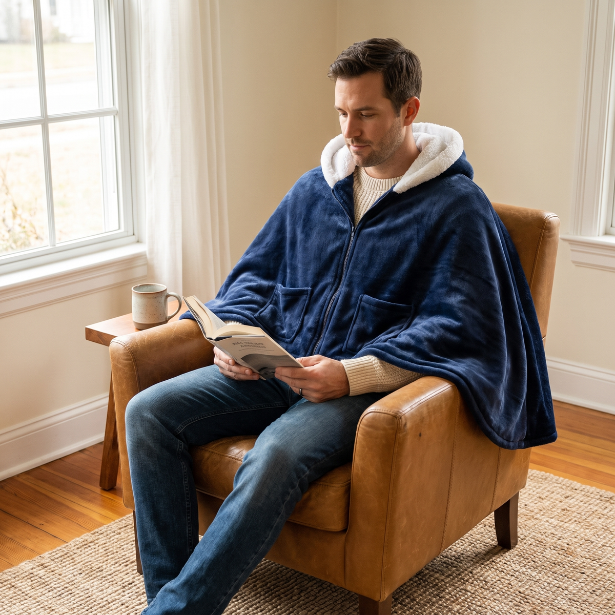 Man reading in an armchair wearing the navy wearable heated poncho