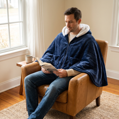 Man reading in an armchair wearing the navy wearable heated poncho