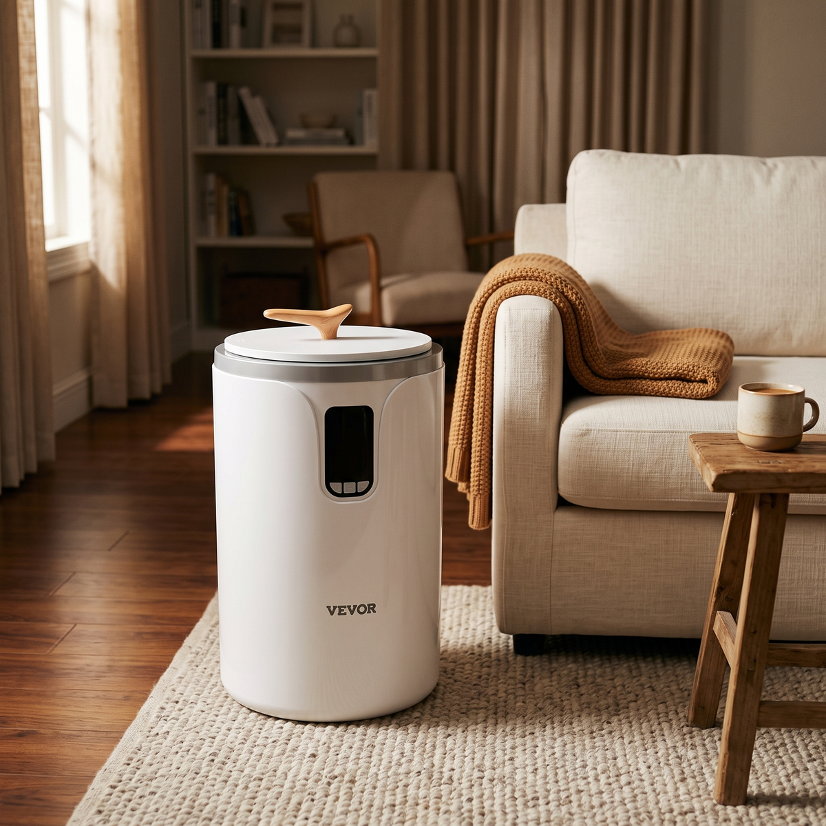Bucket style towel warmer beside a sofa in a living room