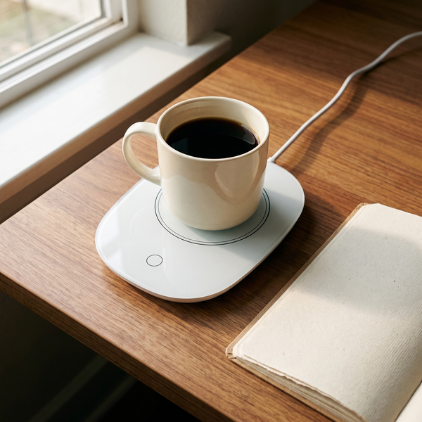 White mug warmer with a mug of coffee on a wooden desk