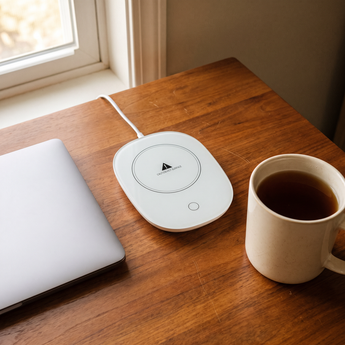 White glass-top mug warmer on a desk next to a laptop and a mug of tea