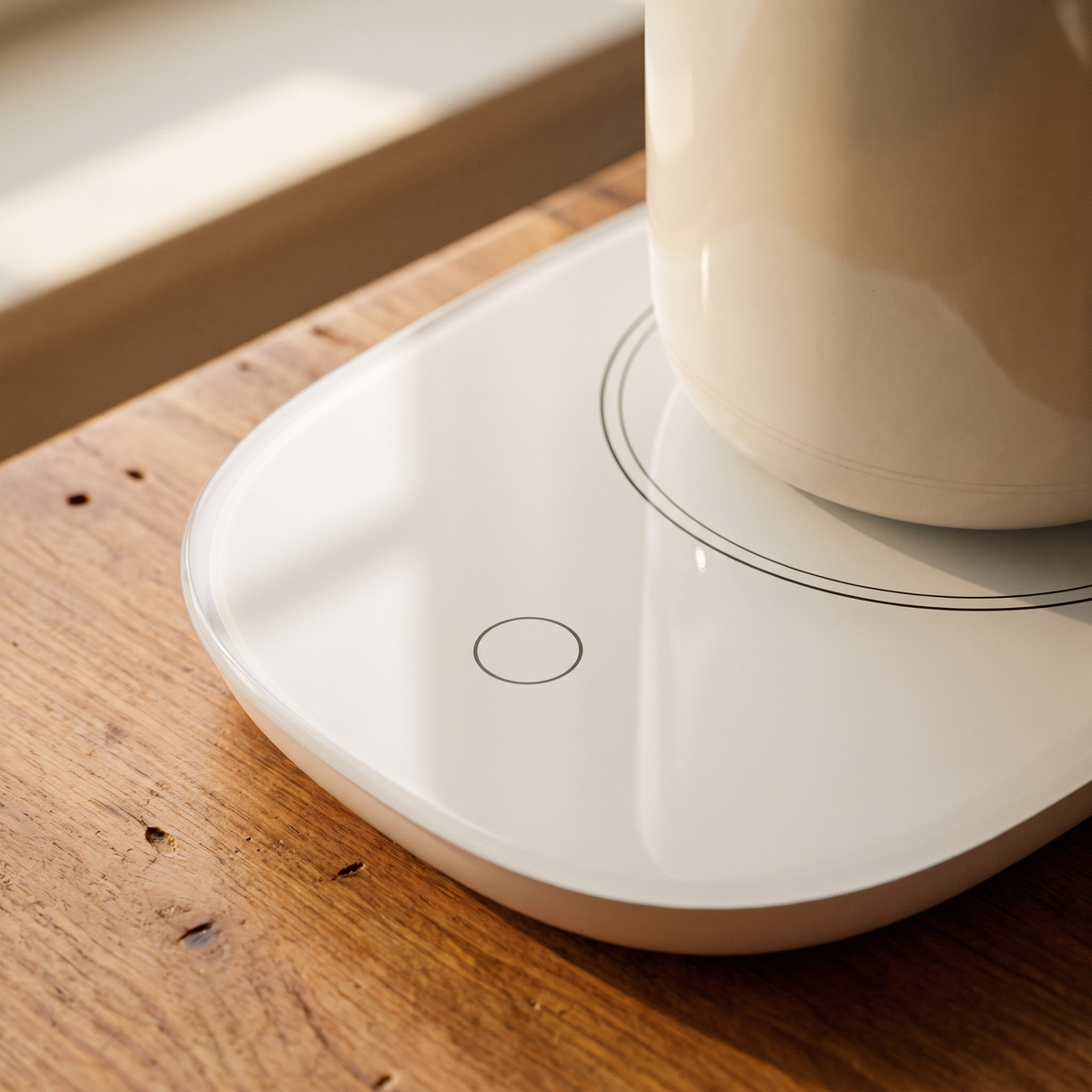 Close-up of the mug warmer's round button and white glass top
