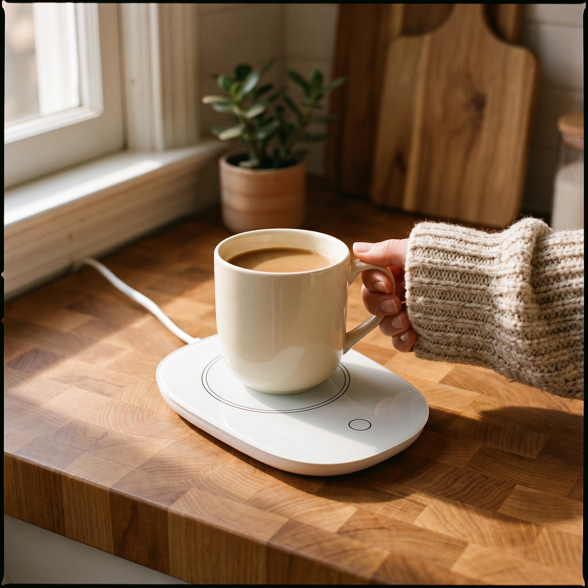 Hand setting a coffee mug on the white mug warmer on a kitchen counter