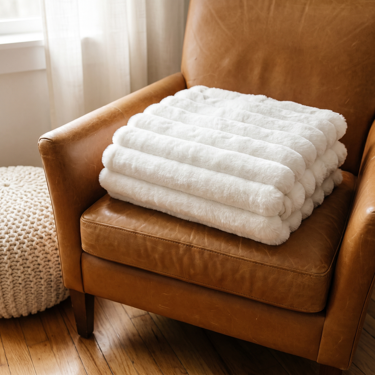 White ruched faux fur throw folded on a caramel leather armchair