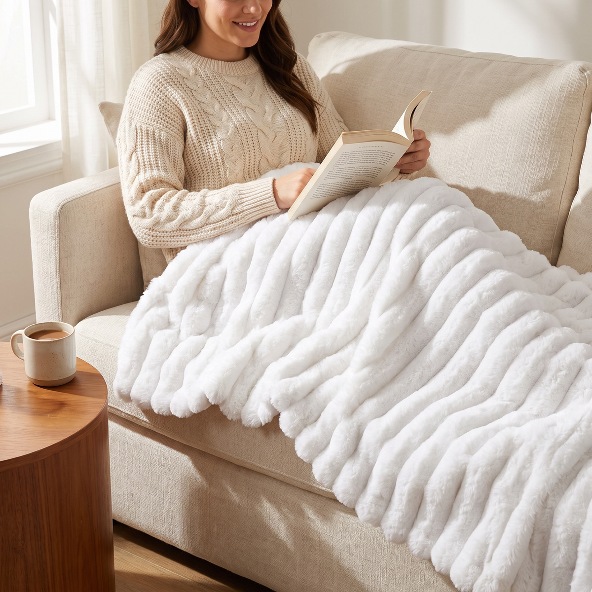 Woman reading on a sofa under the white ruched faux fur throw