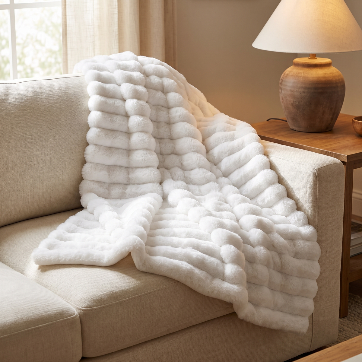 White ruched faux fur throw blanket with raised channels draped over a cream sofa