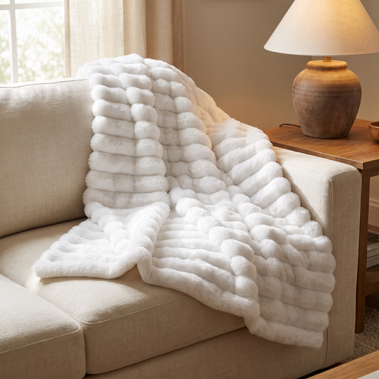 White ruched faux fur throw blanket with raised channels draped over a cream sofa