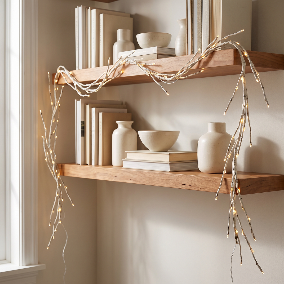 Birch twig light garland draped across wooden wall shelves