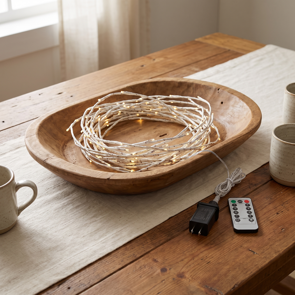 Birch twig light garland coiled in a wooden dough bowl on a dining table