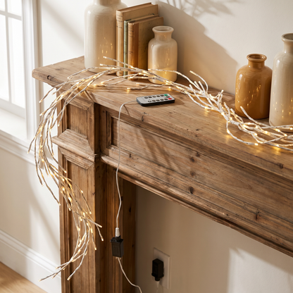 Lighted white birch twig garland draped along a wood mantel with its remote