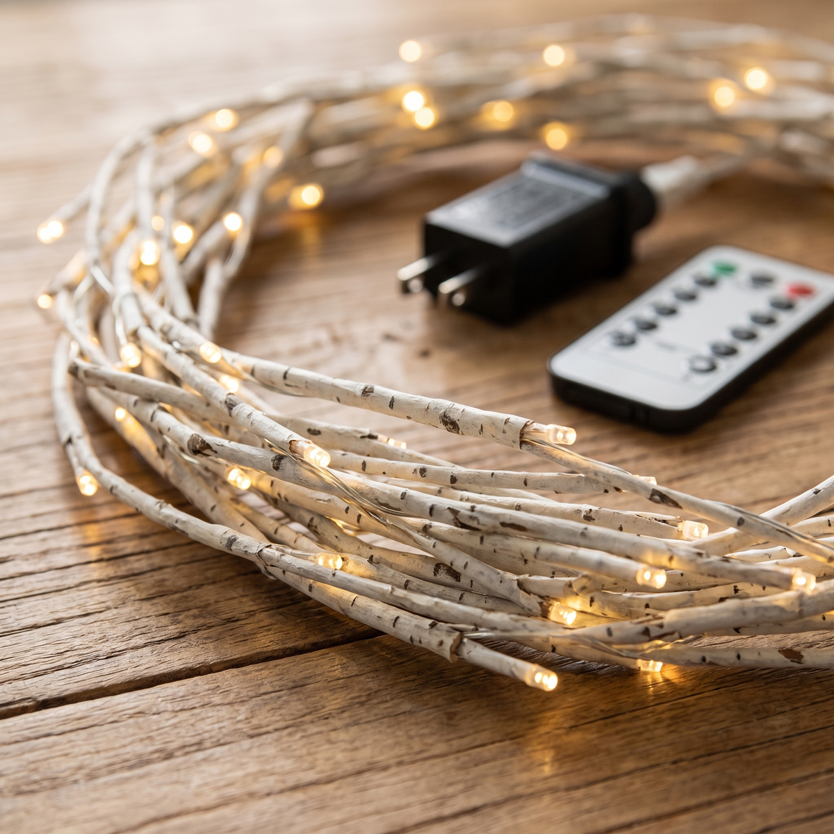 Close-up of the white birch twigs and LED beads with plug adapter and remote