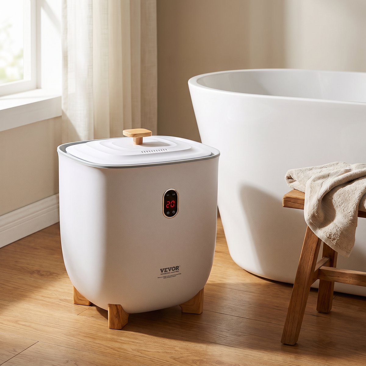 White 25L towel warmer bucket with LED display, wooden knob lid and wooden legs beside a bathtub