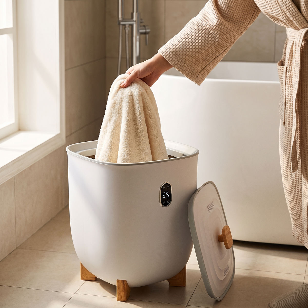Lifting a warm towel out of the 25L towel warmer bucket after a bath