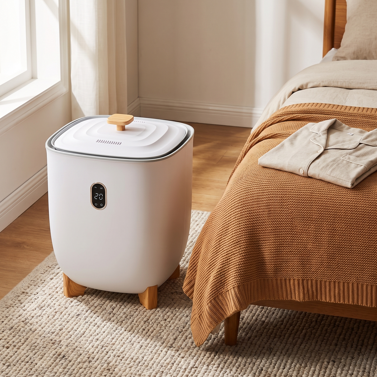 25L towel warmer bucket at the foot of a bed in a bedroom