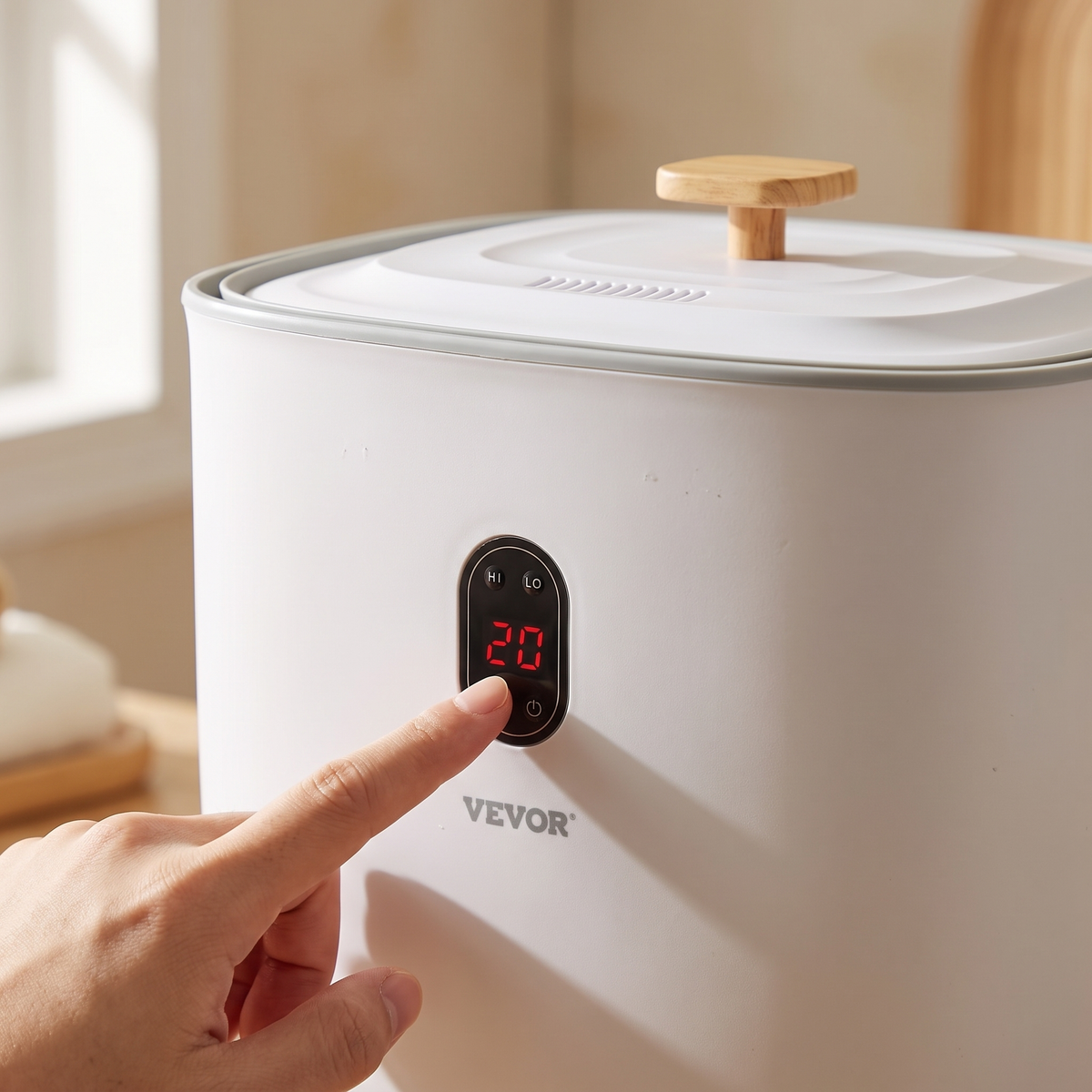 Close-up of the LED display and wooden lid knob on the 25L towel warmer bucket