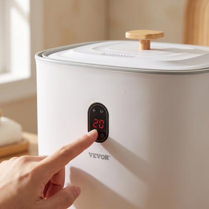 Close-up of the LED display and wooden lid knob on the 25L towel warmer bucket
