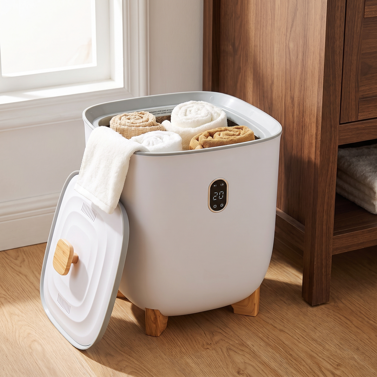 25L towel warmer bucket open with rolled towels inside and the lid leaning against it