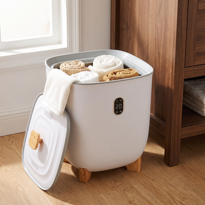 25L towel warmer bucket open with rolled towels inside and the lid leaning against it