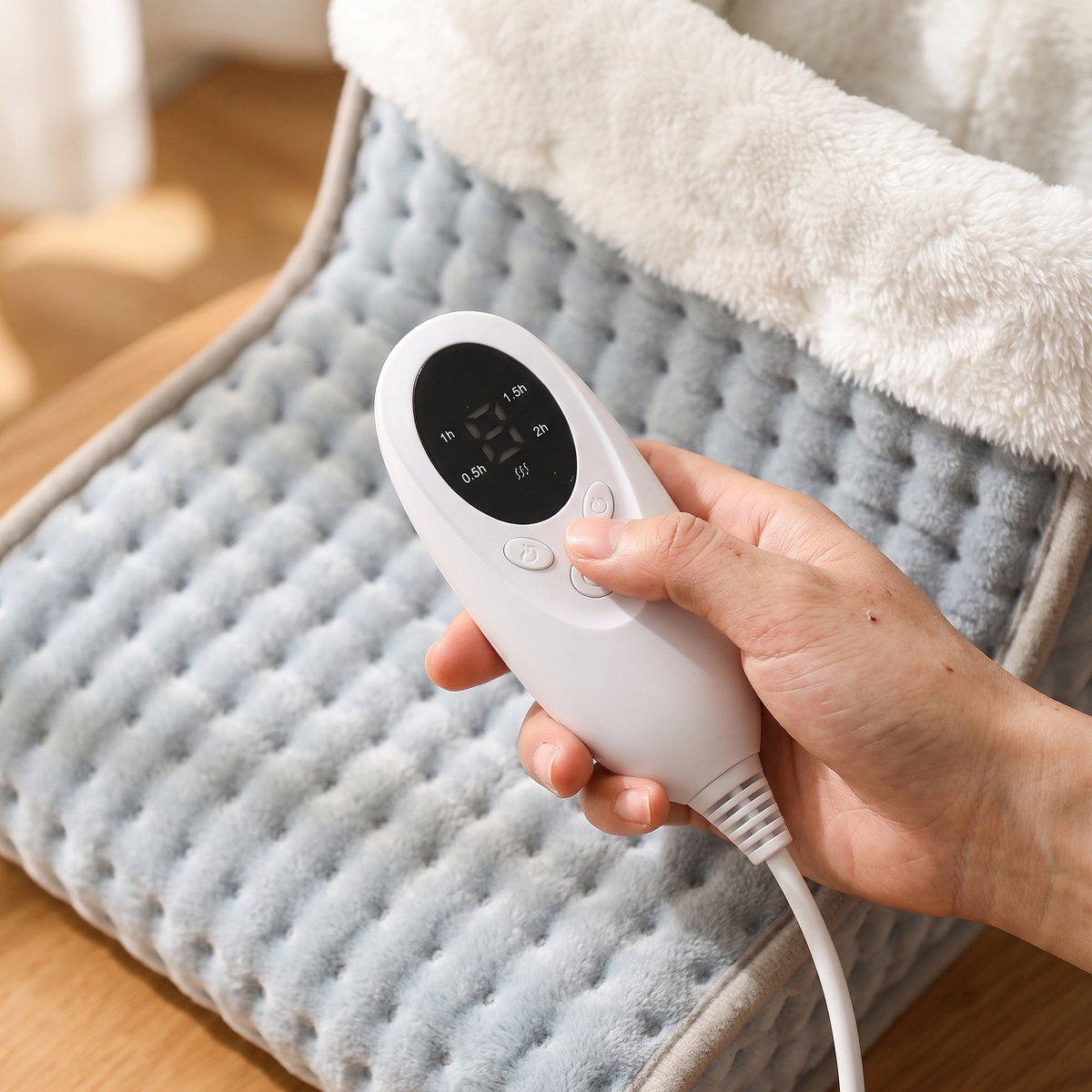 Hand holding the foot warmer's handheld controller with digital display