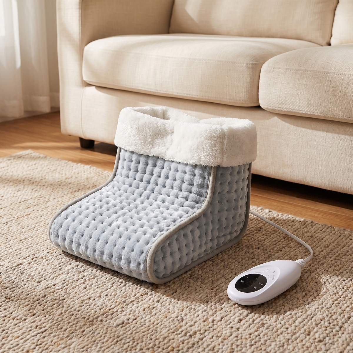 Boot-style heated foot warmer in light grey quilted fabric with white fleece cuff and handheld controller on a rug