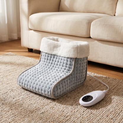 Boot-style heated foot warmer in light grey quilted fabric with white fleece cuff and handheld controller on a rug