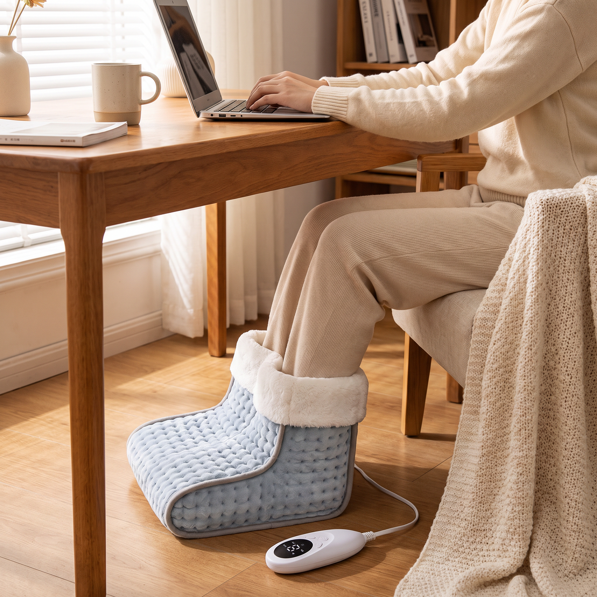 Heated foot warmer under a wooden desk while working on a laptop