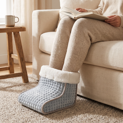 Feet tucked into the heated foot warmer while reading on the sofa
