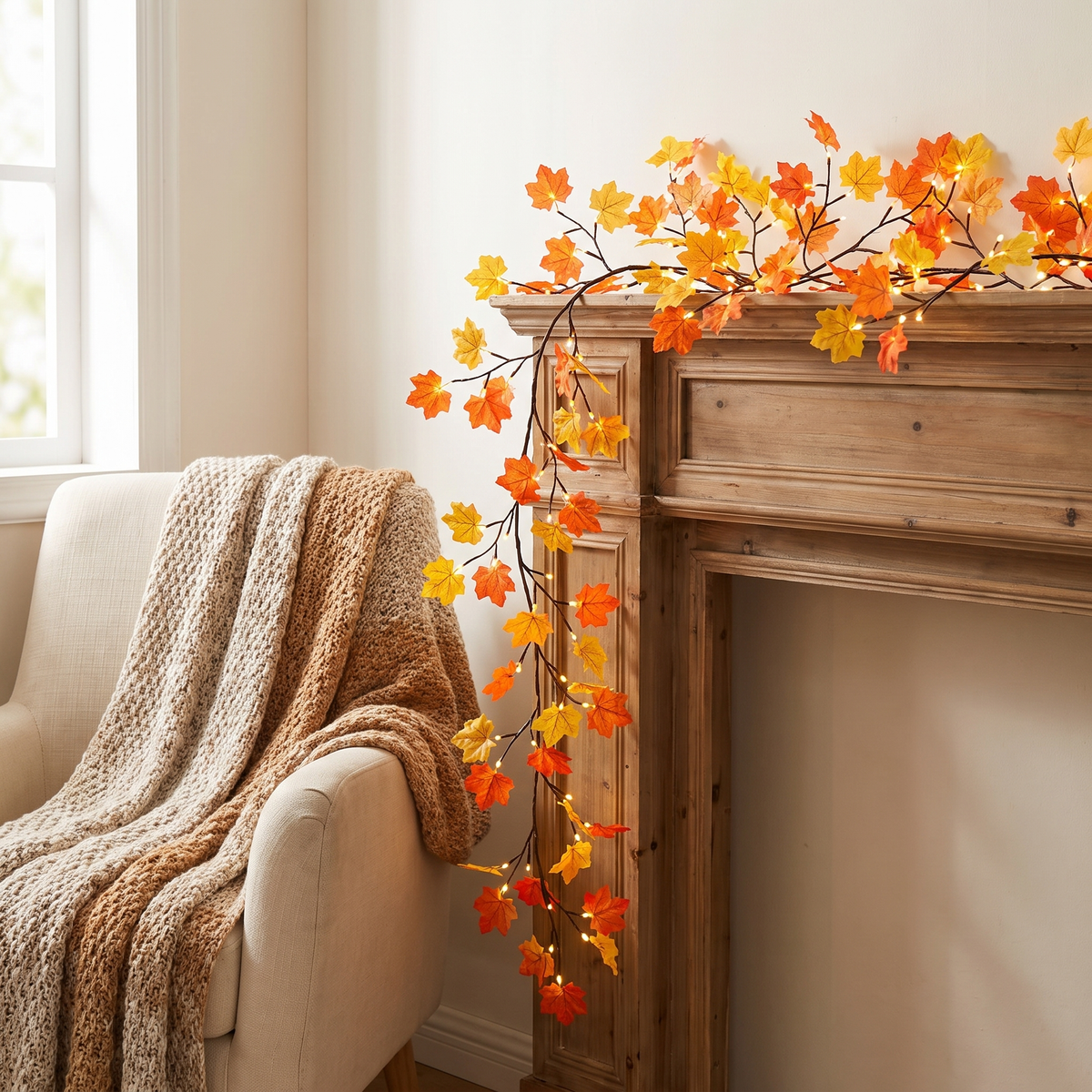 Maple leaf twig lights draped along a wood mantel