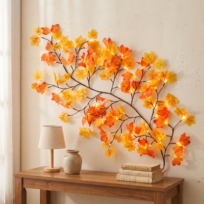 Lit maple leaf twig branch lights spread on a wall above a wood console