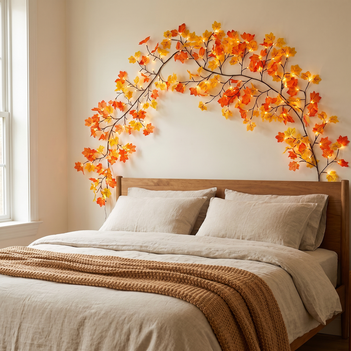 Maple leaf branch lights arched on the wall above a bed headboard