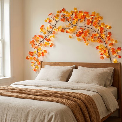 Maple leaf branch lights arched on the wall above a bed headboard