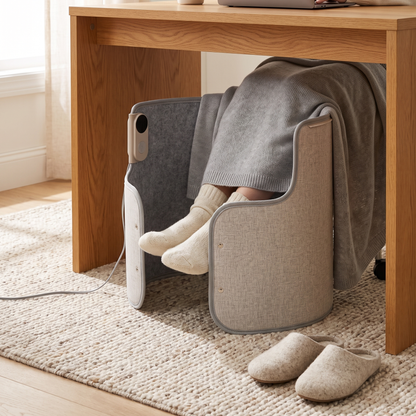 Front view of feet resting inside the foldable under-desk heater with a blanket tucked over the top