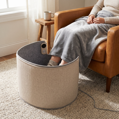Under-desk heater wrap in front of an armchair with a gray blanket over the knees