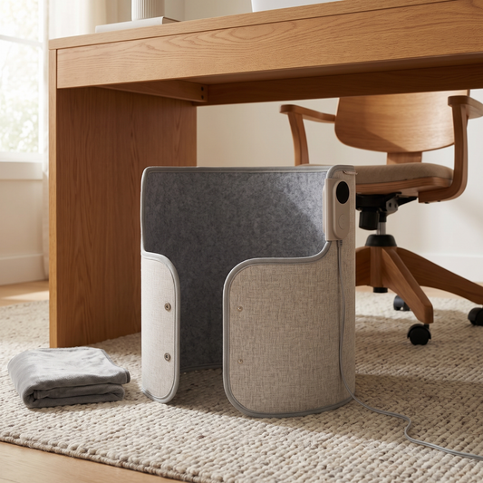 Greige felt under-desk leg warmer wrap with gray lining and side control unit under a wooden desk