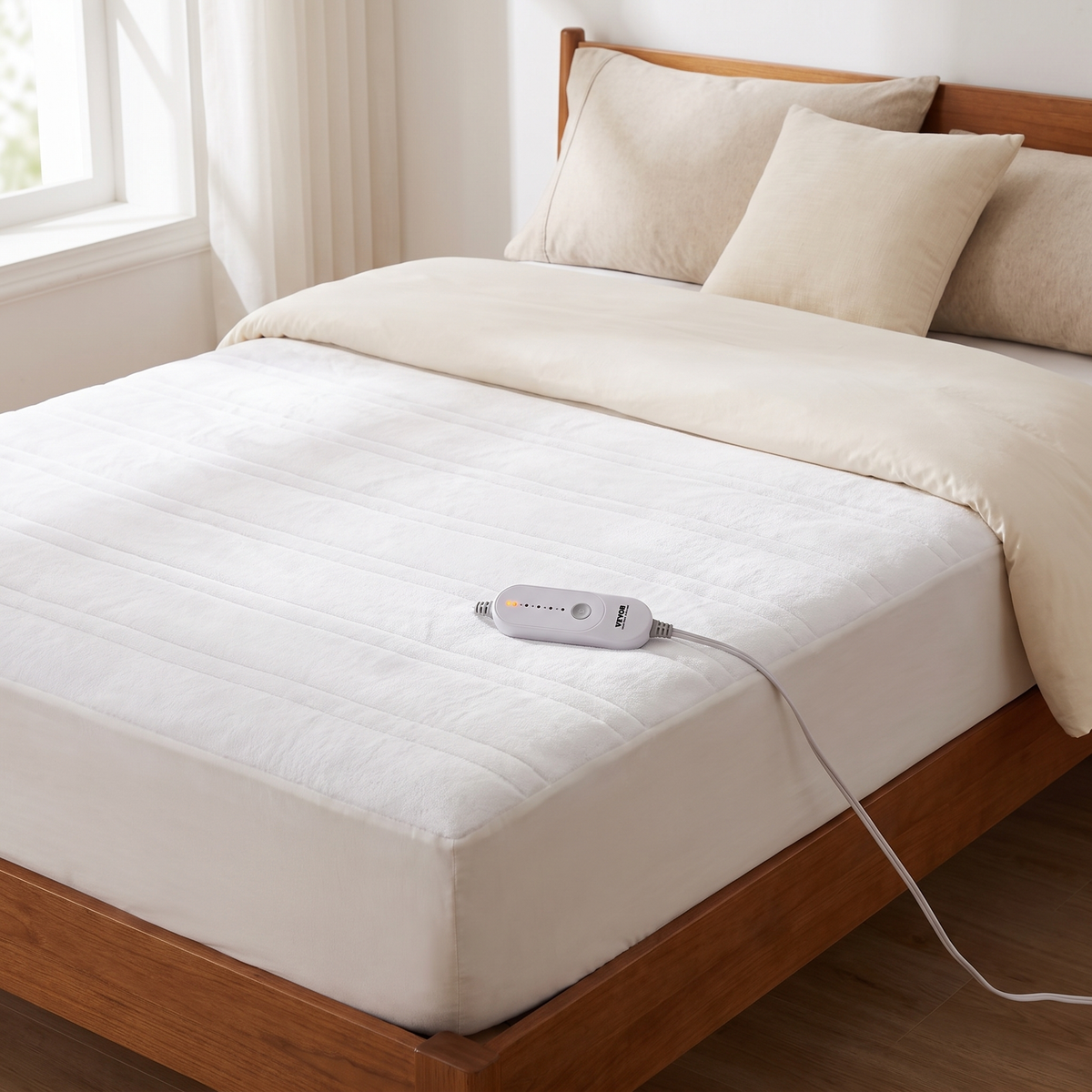 White channel-quilted coral fleece heated mattress pad on a bed with its handheld controller