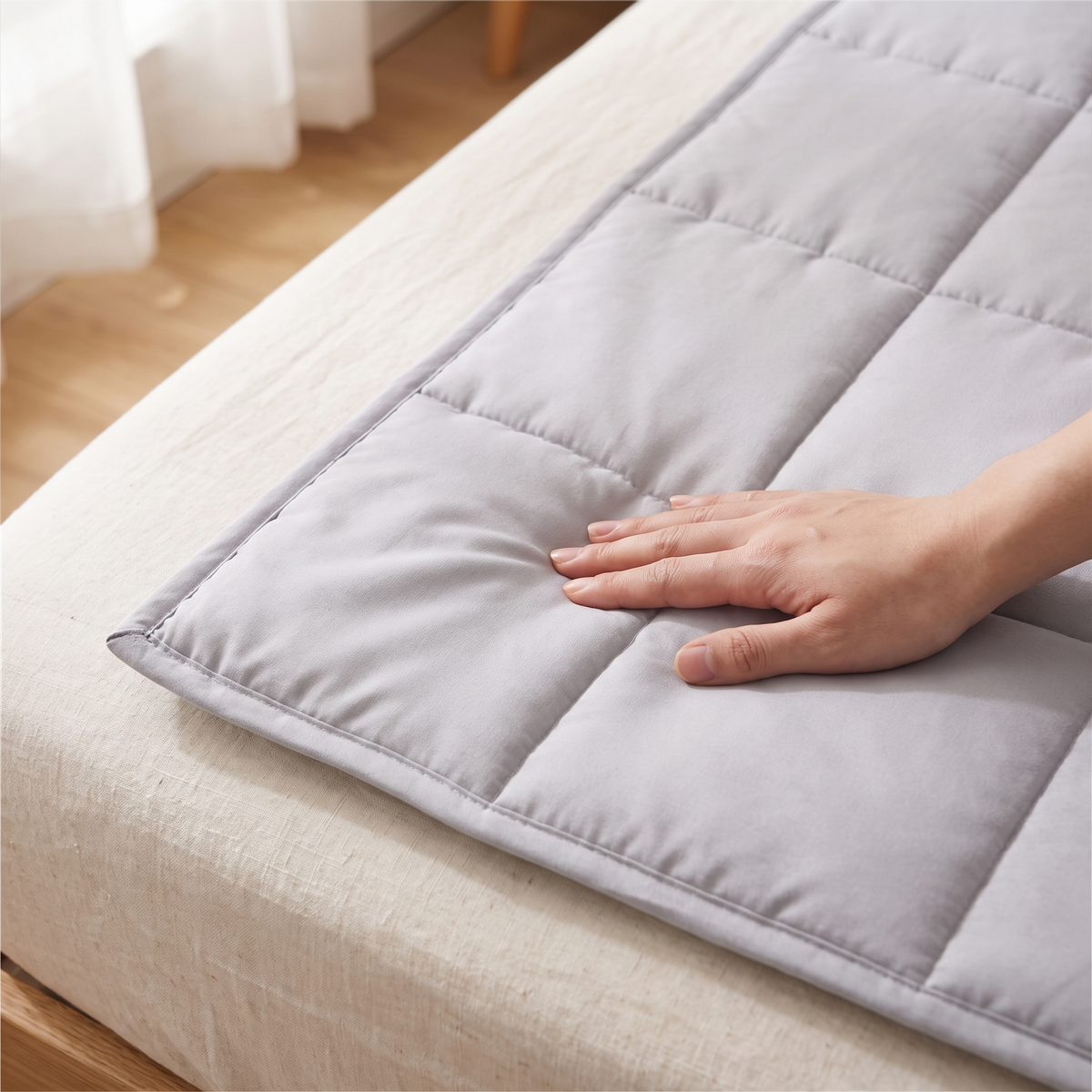 Close-up of the weighted blanket's smooth grey cover, stitched pockets and piped edge