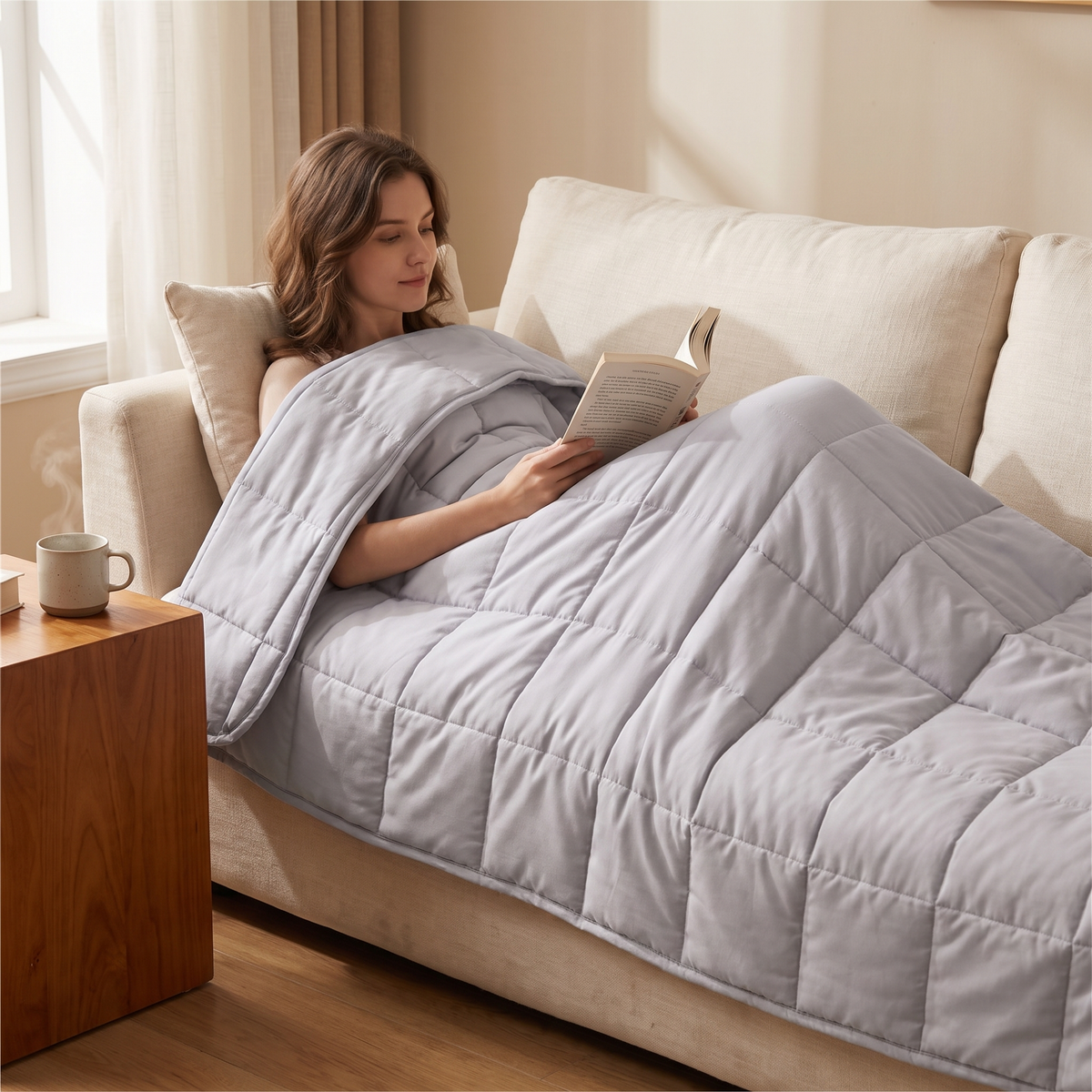 Woman reading on a sofa under the light grey weighted blanket