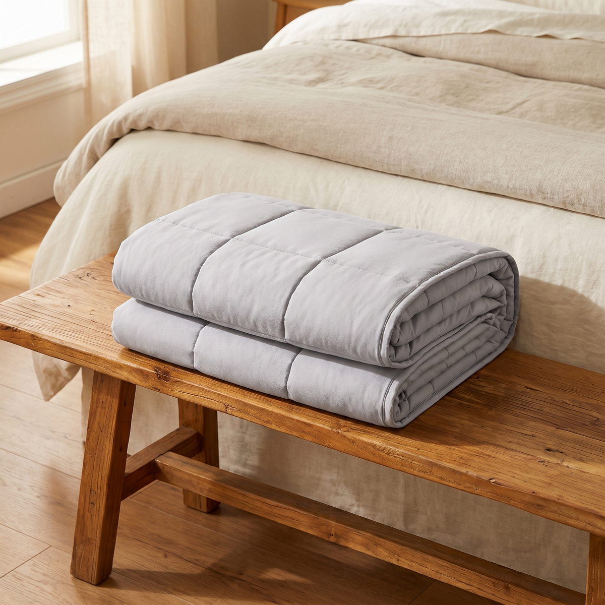 Light grey weighted blanket folded on a wooden bench at the foot of the bed