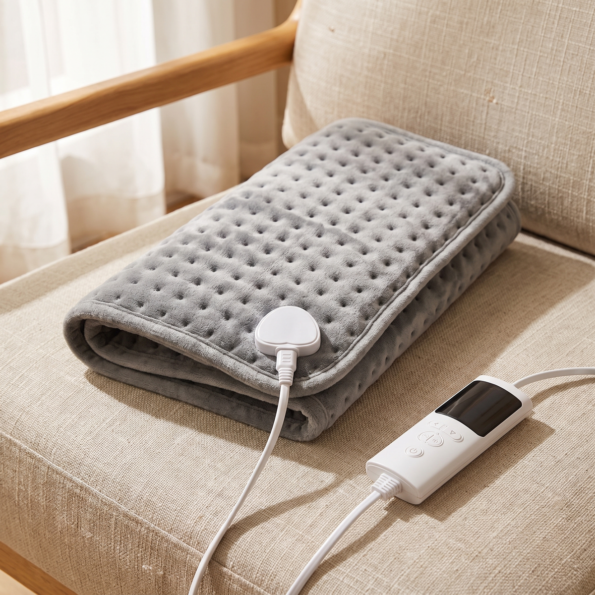 Close-up of the gray dotted micro-plush heating pad with its cord connector and controller