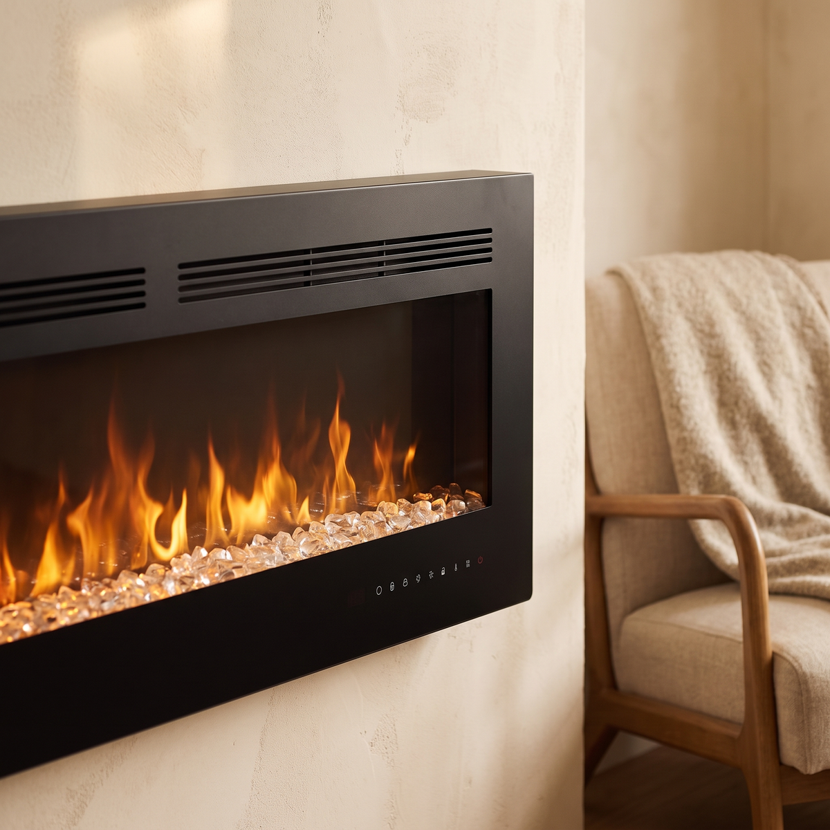 Close-up of the black electric fireplace flame window with a clear crystal ember bed and touch controls