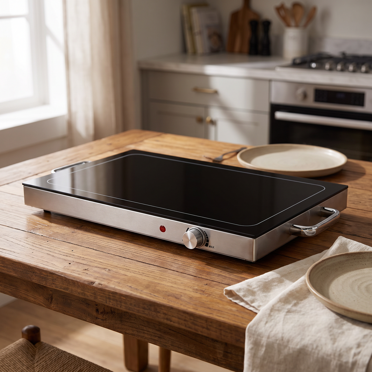 Long rectangular black glass top food warming tray with stainless steel base, side handles and front knob on a wood table