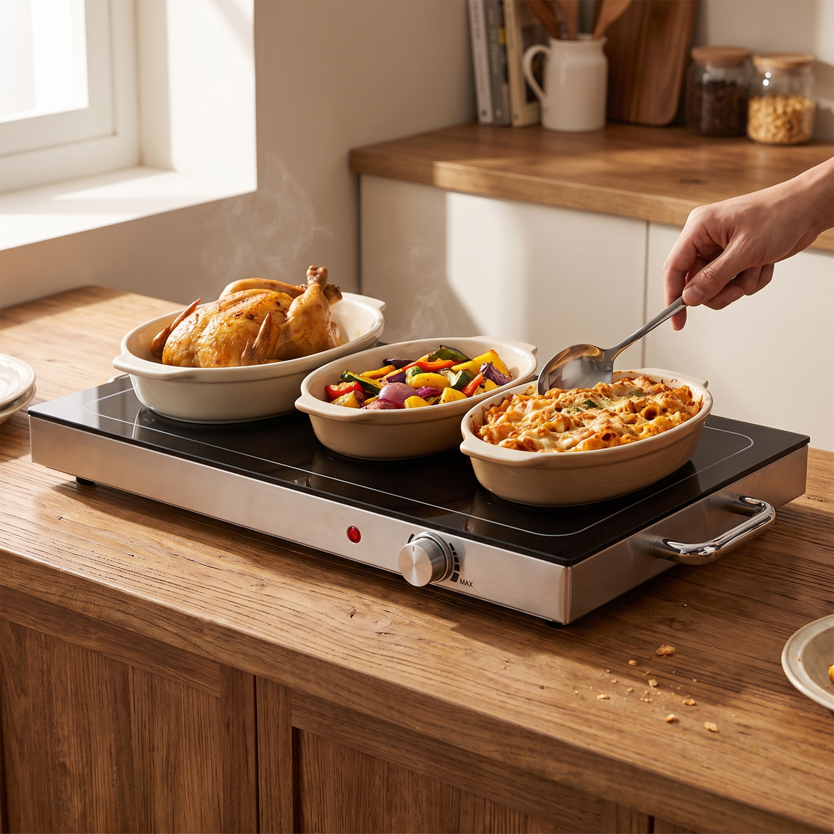 Glass top warming tray holding roast chicken, roasted vegetables and a pasta bake on a kitchen counter