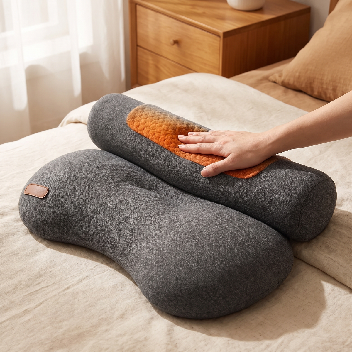 Grey contour pillow and neck roll with the orange heat panel, hand pressing the roll