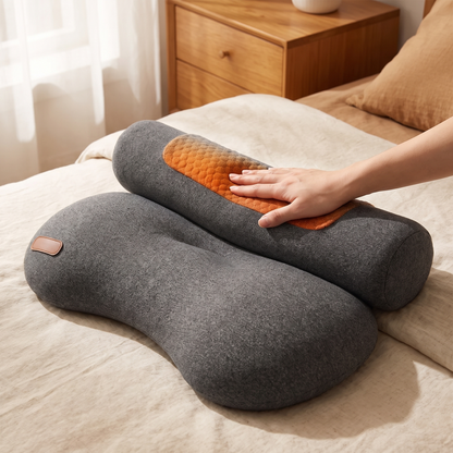 Grey contour pillow and neck roll with the orange heat panel, hand pressing the roll