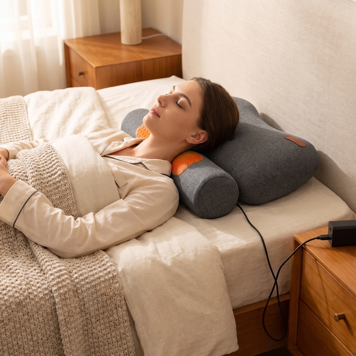 Woman resting in bed on the grey contour memory foam pillow with the heated neck roll under her neck