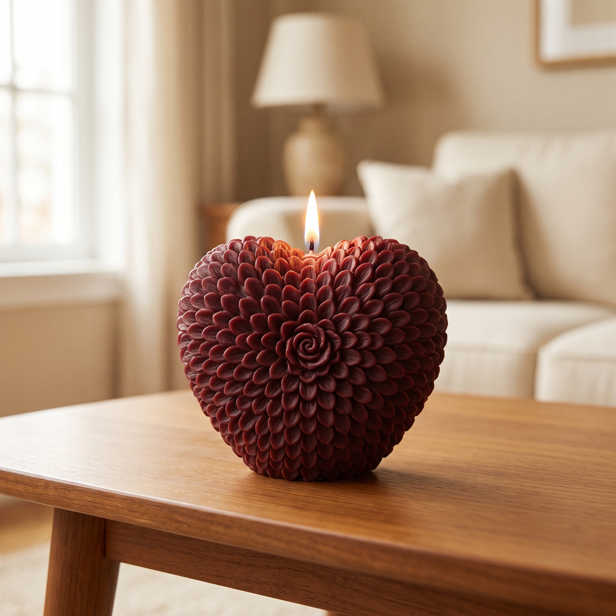 Heart Shaped Peony sculpted candle: burgundy heart covered in fine petal texture with a small rosette