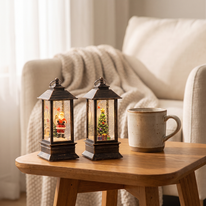 Two small bronze LED lanterns, one with Santa and one with a Christmas tree, on a wood side table