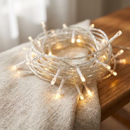Close-up of warm white LED string lights on clear wire with small cone bulbs, coiled on a linen throw